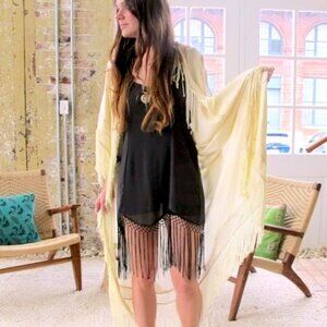 FREE PEOPLE Intimately Sheer Olive Green Slip Dress with Fringe Trim - XS